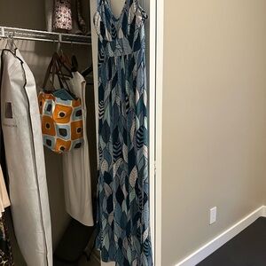 Blue and Green Leaf Print Maxi Dress